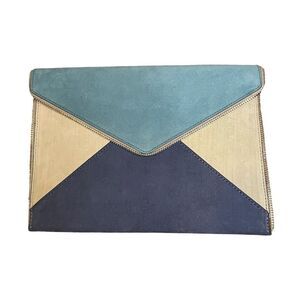 Rebecca Minkoff Leo Envelope Clutch Handbag Blue Tan Suede Zipper Trim Purse